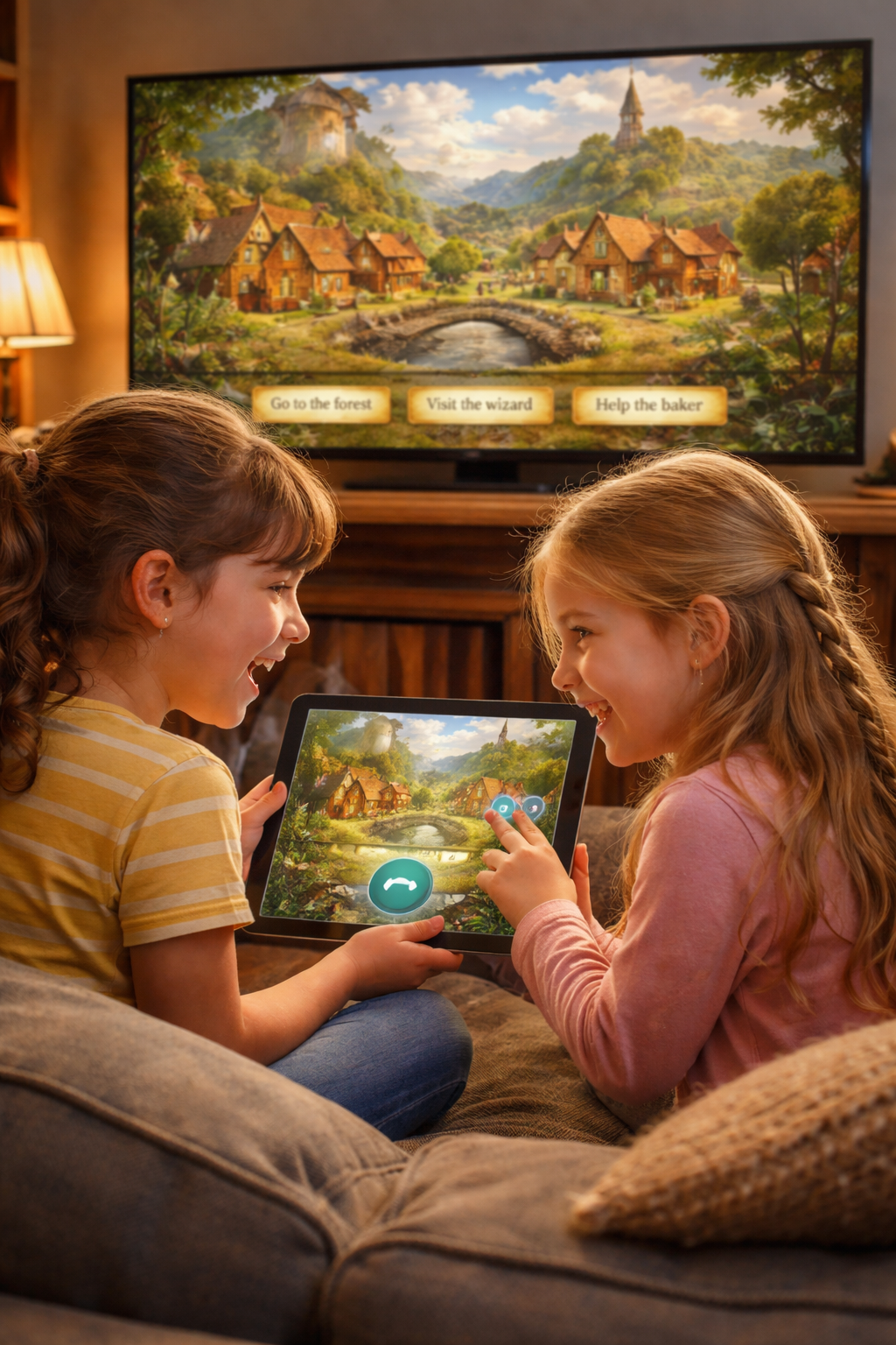 Two kids playing The Village That Remembers on iPad